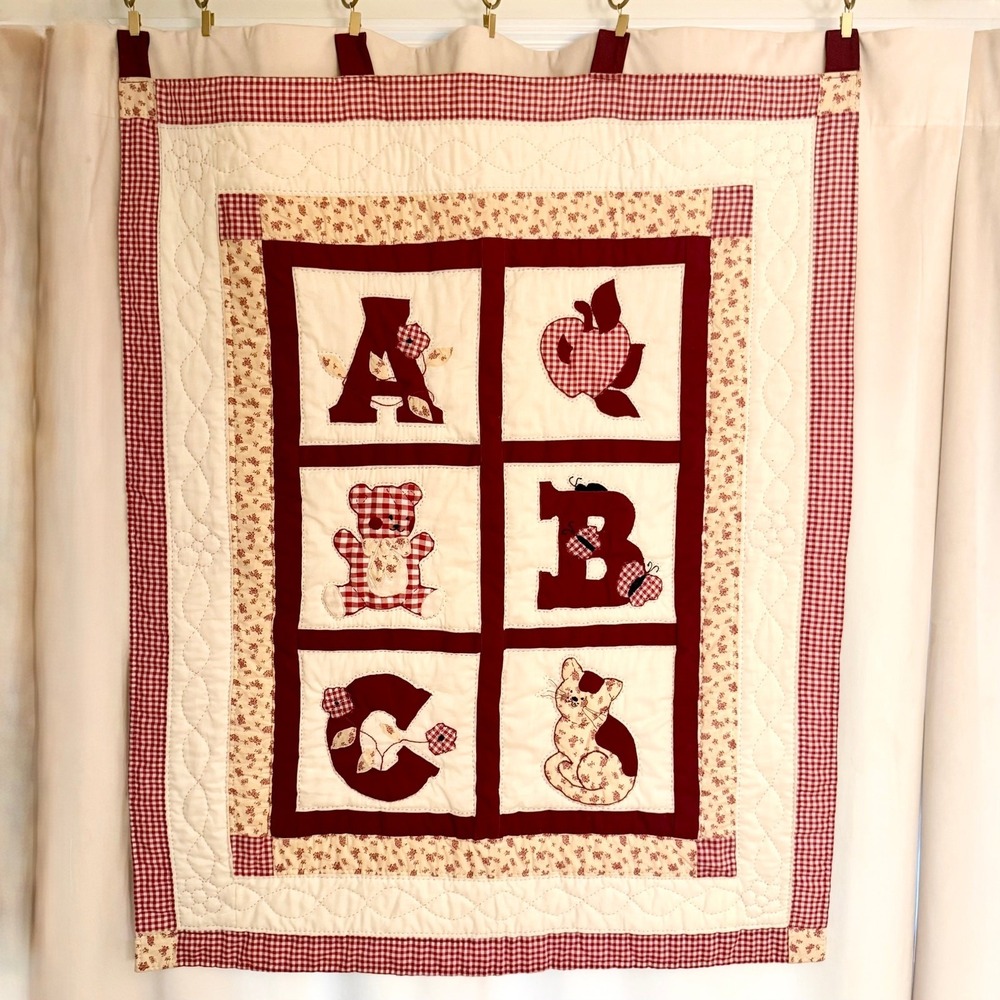 Vintage Hand Quilted ABC Wall Hanging Cat Bear Apple 1980s Frances Nash